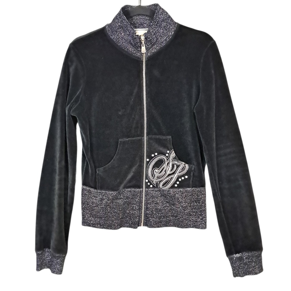 Vtg Y2K Velvet Womens Full Zip Sweater Black Whimsigoth Beaded Embellished Large
